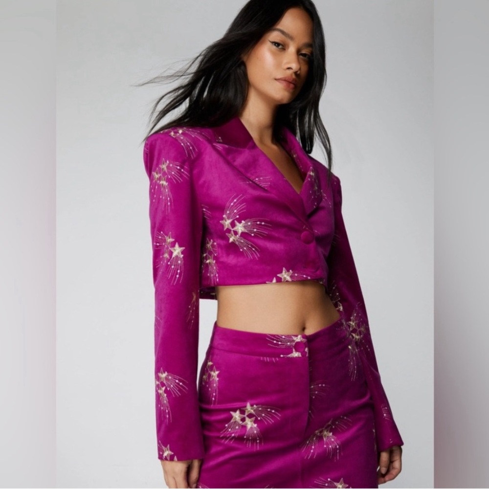 Nasty Gal Purple Magenta velvet Cropped Blazer with gold starburst embroidery